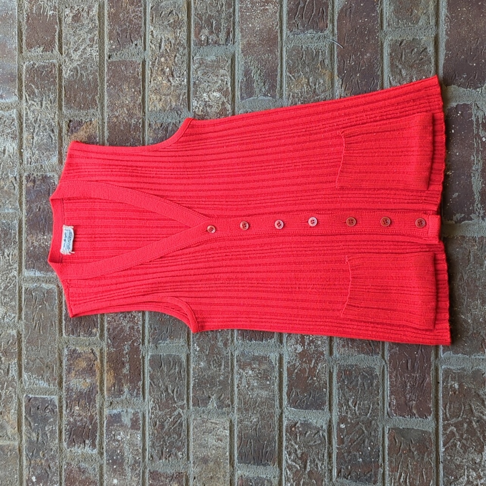 Vintage 1960s Neon Red Super Bright Ribbed Button Down Sweater Vest with Pockets